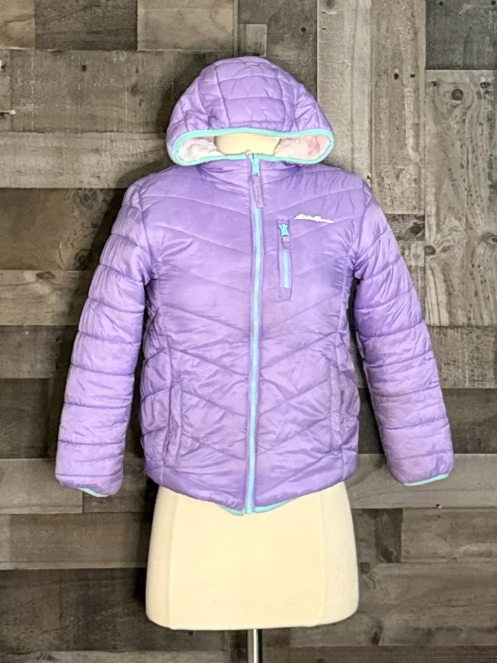 Eddie Bauer violet purple puffer jacket girl medium pastel tie dye fleece winter